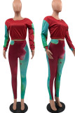 Red Green Casual Print Patchwork O Neck Long Sleeve Two Pieces