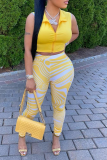 Yellow Street Print Patchwork Turndown Collar Sleeveless Two Pieces