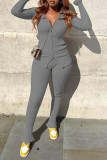 Grey Casual Solid Patchwork Buckle Turndown Collar Long Sleeve Two Pieces