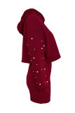 Burgundy Fashion Casual Solid Beading Hooded Collar Long Sleeve Two Pieces