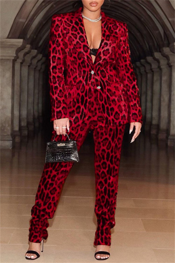 Burgundy Fashion Casual Print Cardigan Pants Turndown Collar Long Sleeve Two Pieces