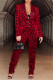 Burgundy Fashion Casual Print Cardigan Pants Turndown Collar Long Sleeve Two Pieces