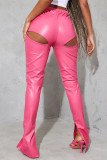 Rose Red Fashion Sexy Solid Hollowed Out Slit Regular High Waist Trousers