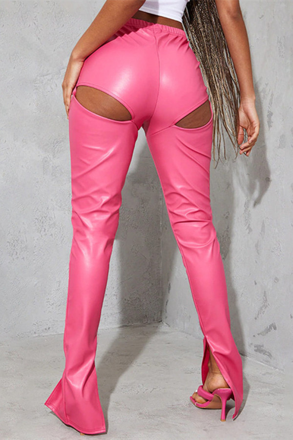 Rose Red Fashion Sexy Solid Hollowed Out Slit Regular High Waist Trousers
