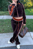 Deep Coffee Casual Solid Patchwork Zipper Zipper Collar Long Sleeve Two Pieces