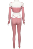 Pink Sexy Solid Hollowed Out Off the Shoulder Long Sleeve Two Pieces