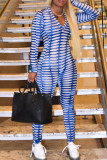 Blue Fashion Casual Print Basic V Neck Skinny Jumpsuits