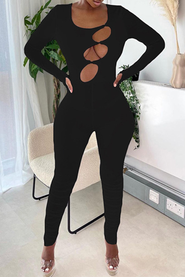 Black Sexy Solid Hollowed Out O Neck Skinny Jumpsuits