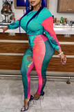 Red Green Casual Print Patchwork O Neck Long Sleeve Two Pieces