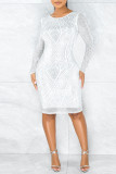 White Fashion Casual Hot Drilling Patchwork O Neck Long Sleeve Dresses