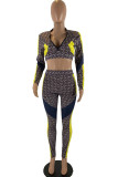 Coffee Casual Print Patchwork Zipper Zipper Collar Long Sleeve Two Pieces