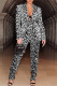 Black White Fashion Casual Print Cardigan Pants Turndown Collar Long Sleeve Two Pieces