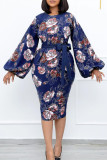 Green Fashion Casual Print With Belt O Neck Long Sleeve Dresses