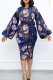 Blue Fashion Casual Print With Belt O Neck Long Sleeve Dresses