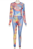 Blue Sexy Casual Print Tie Dye See-through O Neck Long Sleeve Two Pieces