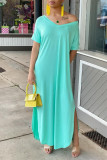 Light Green Fashion Casual Solid Slit V Neck Short Sleeve Dress