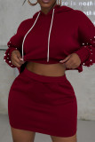 Burgundy Fashion Casual Solid Beading Hooded Collar Long Sleeve Two Pieces