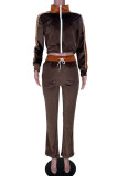 Deep Coffee Casual Solid Patchwork Zipper Zipper Collar Long Sleeve Two Pieces