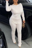 Cream White Fashion Casual Solid Slit O Neck Long Sleeve Two Pieces