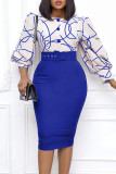 Red Celebrities Print Patchwork Buttons O Neck Pencil Skirt Dresses