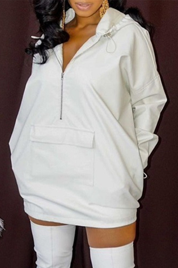 White Fashion Casual Solid Patchwork Zipper Hooded Collar Tops