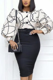 Red Celebrities Print Patchwork Buttons O Neck Pencil Skirt Dresses