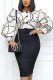 Black Celebrities Print Patchwork Buttons O Neck Pencil Skirt Dresses