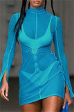 Blue Fashion Sexy Solid See-through Turtleneck Long Sleeve Two Pieces