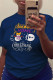 Navy Blue Casual Party Print Patchwork Letter O Neck T-Shirts