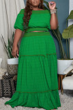 Green Casual Solid Patchwork Off the Shoulder Straight Plus Size Two Pieces