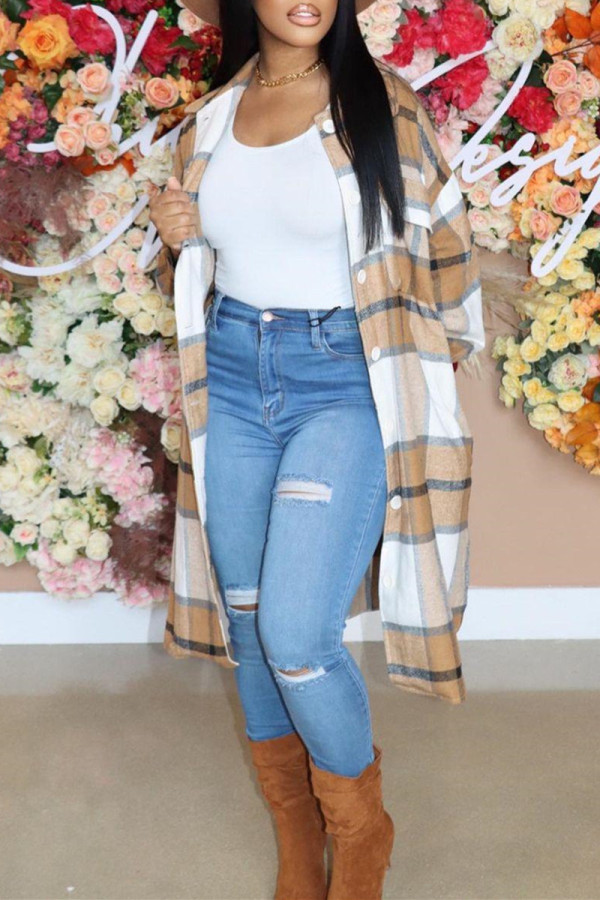 Khaki Fashion Casual Plaid Cardigan Turndown Collar Outerwear