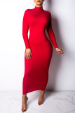 Red Fashion Casual Solid Basic Turtleneck Long Sleeve Dresses
