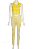 Yellow Street Print Patchwork Turndown Collar Sleeveless Two Pieces