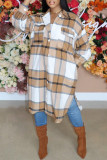 Khaki Fashion Casual Plaid Cardigan Turndown Collar Outerwear