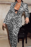 Burgundy Fashion Casual Print Cardigan Pants Turndown Collar Long Sleeve Two Pieces