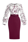 Red Celebrities Print Patchwork Buttons O Neck Pencil Skirt Dresses