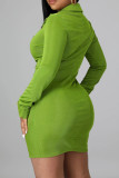 Green Fashion Casual Solid Buckle V Neck Long Sleeve Dresses