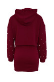 Burgundy Fashion Casual Solid Beading Hooded Collar Long Sleeve Two Pieces