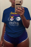 Navy Blue Casual Party Print Patchwork Letter O Neck T-Shirts