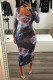 Multicolor Fashion Casual Print Basic Square Collar Long Sleeve Dresses