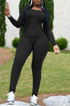 Black Casual Sportswear Solid Basic O Neck Skinny Jumpsuits