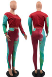 Red Green Casual Print Patchwork O Neck Long Sleeve Two Pieces