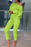 Fluorescent Green Fashion Casual Solid Basic O Neck Long Sleeve Two Pieces
