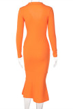 Orange Fashion Casual Solid Patchwork V Neck Long Sleeve Dresses
