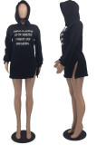 Black Casual Street Letter Print Patchwork Slit Hooded Collar Long Sleeve Dresses