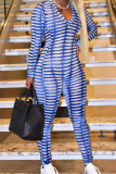 Blue Fashion Casual Print Basic V Neck Skinny Jumpsuits