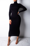 Red Fashion Casual Solid Basic Turtleneck Long Sleeve Dresses