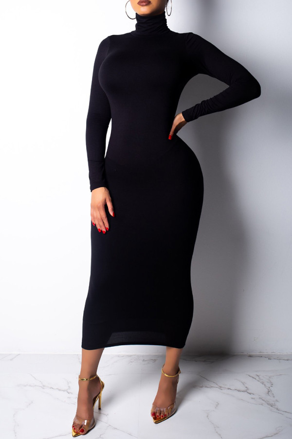 Black Fashion Casual Solid Basic Turtleneck Long Sleeve Dresses