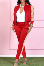 Red Fashion Casual Solid Split Joint Turndown Collar Long Sleeve Two Pieces