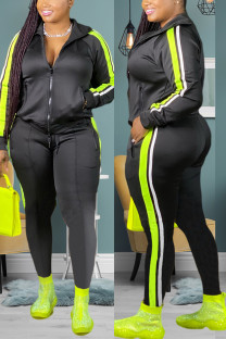 Black Fashion Casual Zipper Collar Long Sleeve Regular Sleeve Patchwork Plus Size Set